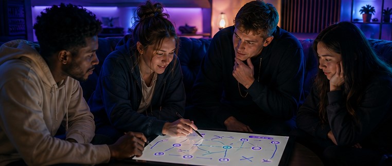 A group of players reviewing a rotation plan on a shared display before a match