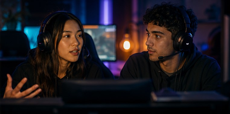 Two players on a voice call mid-session, running a comms check